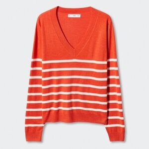 Mango Orange and White Striped V-Neck Sweater